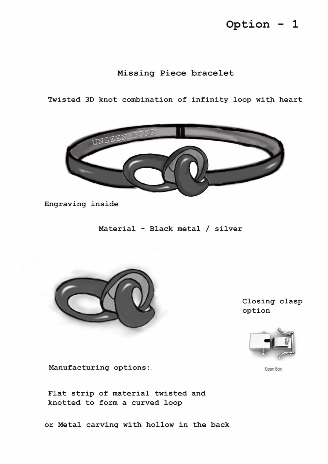 Concept sketch of the Unseen Bond bracelet, an interlocking twisted knot clasp, marked the Missing Piece bracelet